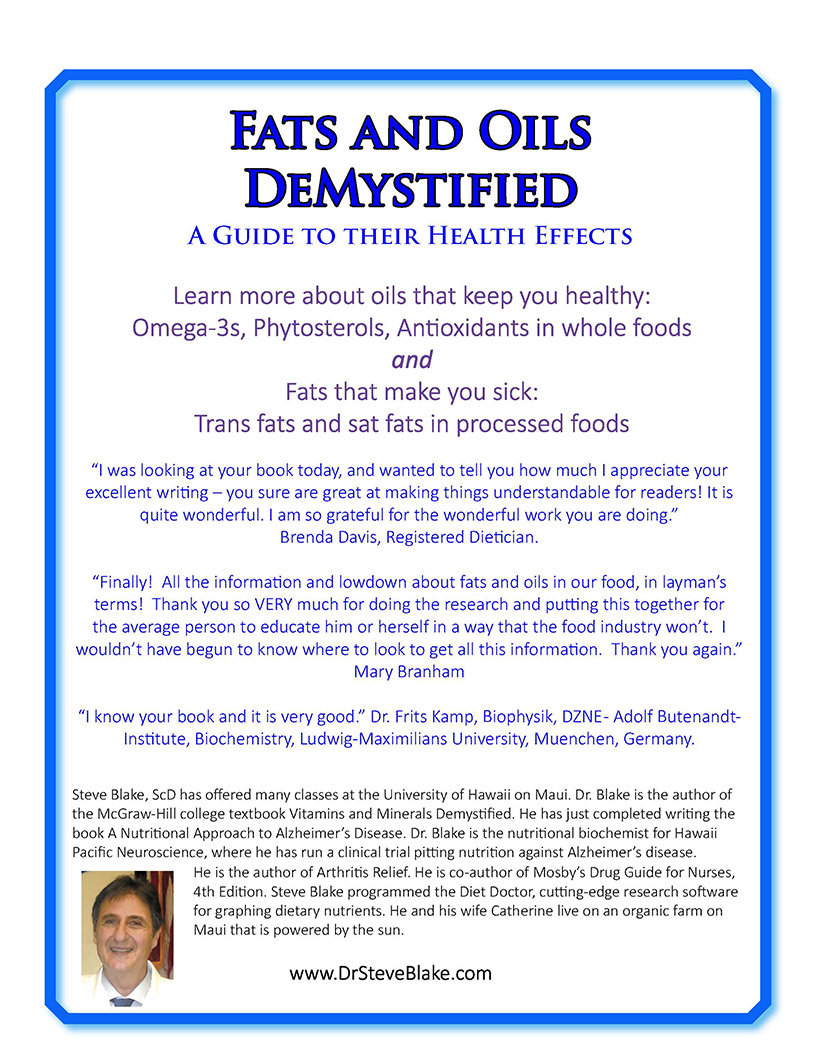 Back cover Fats and Oils Demystified, A Guide to their Health Effects by Steve Blake, ScD